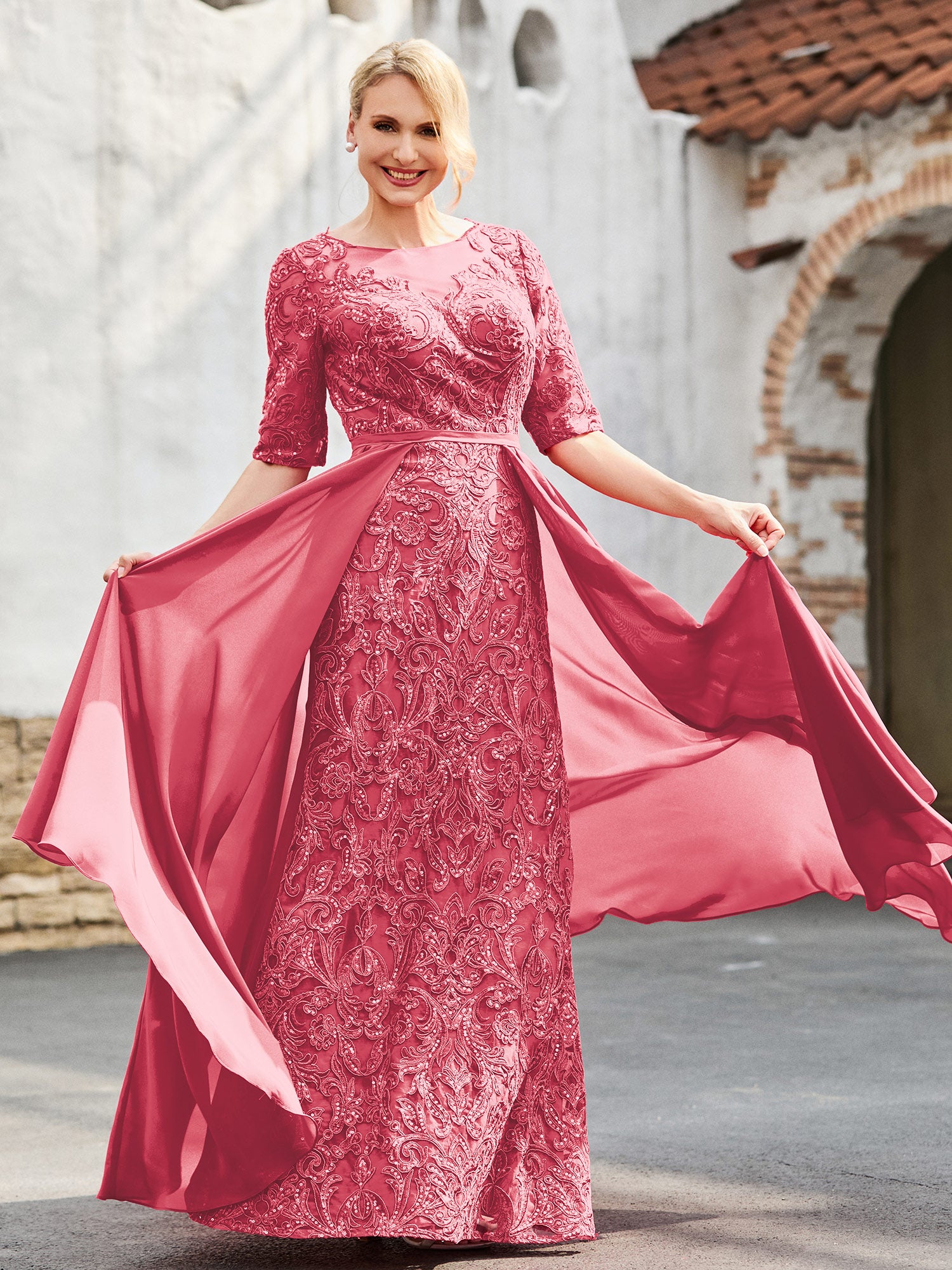 A-line Lace Appliqued Dress with Trailing Pearl Pink