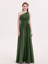 Pleated Bodice One Shoulder Long Chiffon Dresses Olive Green