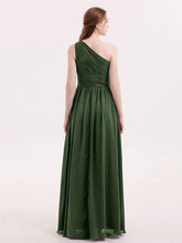 Pleated Bodice One Shoulder Long Chiffon Dresses Olive Green