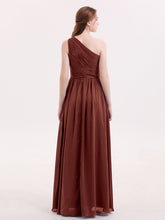 Pleated Bodice One Shoulder Long Chiffon Dresses Terracotta