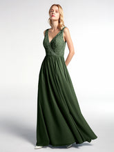 Lace Top Chiffon Skirt Maxi V-neck Dress Olive Green
