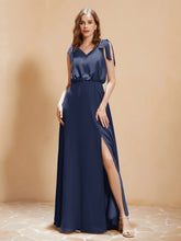 A-Line V-neck Floor-length Dress With Silt Dark Navy