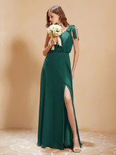A-Line V-neck Floor-length Dress With Silt Peacock