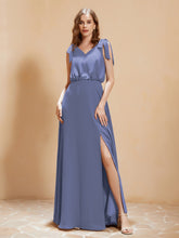 A-Line V-neck Floor-length Dress With Silt Periwinkle