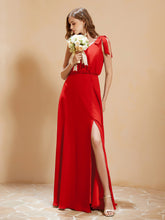 A-Line V-neck Floor-length Dress With Silt Red