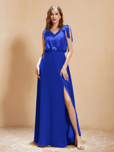 A-Line V-neck Floor-length Dress With Silt Royal Blue