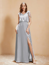 A-Line V-neck Floor-length Dress With Silt Silver