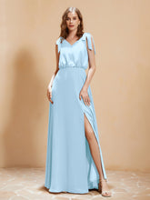 A-Line V-neck Floor-length Dress With Silt Sky Blue