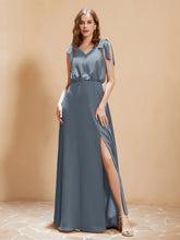 A-Line V-neck Floor-length Dress With Silt Slate Blue