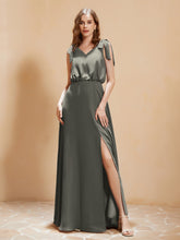 A-Line V-neck Floor-length Dress With Silt Steel Grey