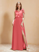 A-Line V-neck Floor-length Dress With Silt Watermelon