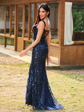 Sheath/Column Sparkling Sequins Gown with Slit Dark Navy