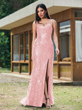 Sheath/Column Sparkling Sequins Gown with Slit Blushing Pink