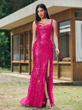 Sheath/Column Sparkling Sequins Gown with Slit Fuchsia