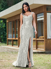 Sheath/Column Sparkling Sequins Gown with Slit Ivory