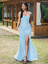 Sheath/Column Sparkling Sequins Gown with Slit Sky Blue