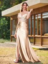 Mermaid Lace Appliqué Ruched Gown with Side Slit Champagne