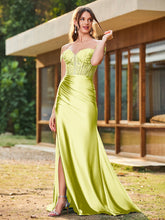 Mermaid Lace Appliqué Ruched Gown with Side Slit Daffodil