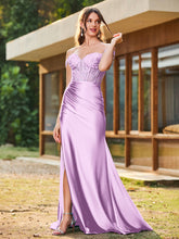 Mermaid Lace Appliqué Ruched Gown with Side Slit Lilac