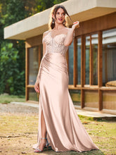 Mermaid Lace Appliqué Ruched Gown with Side Slit Pearl Pink
