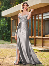 Mermaid Lace Appliqué Ruched Gown with Side Slit Silver