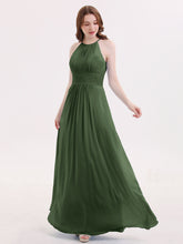 Full Length Chiffon Halter Dresses Olive Green