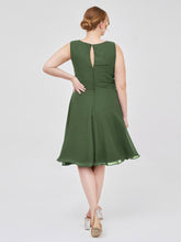 Knee-length Chiffon Dress with Scoop Neck and Sash Bow Olive Green