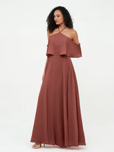 Halter Straps Full Length Chiffon Dresses with Pockets Terracotta