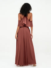 Halter Straps Full Length Chiffon Dresses with Pockets Terracotta