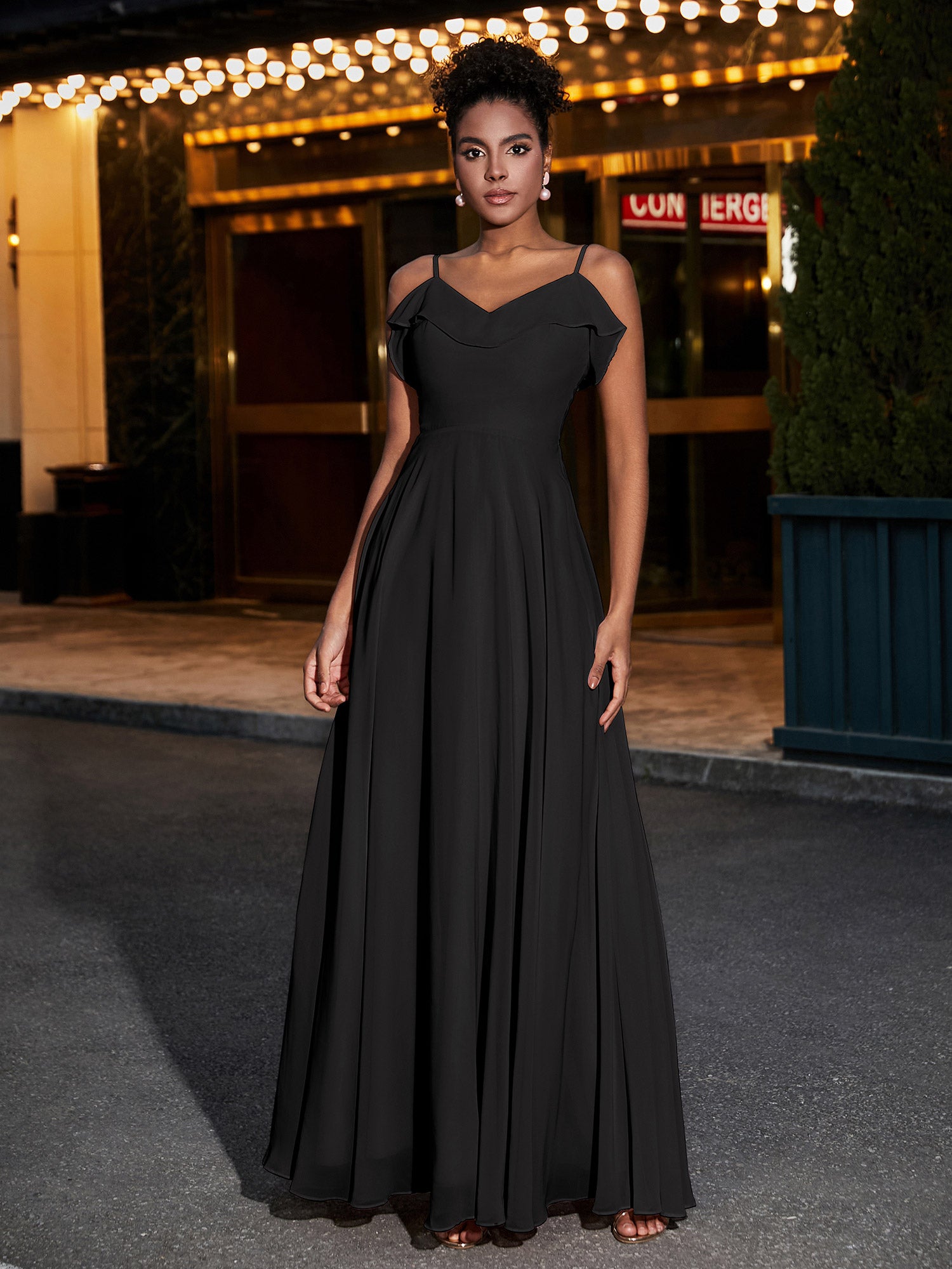 BABARONI Chiffon Black Bridesmaid Dresses A-line V-neck Spaghetti