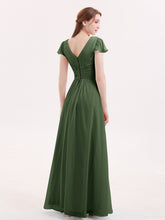 V-Neck Chiffon Dresses with Cap Sleeves Olive Green