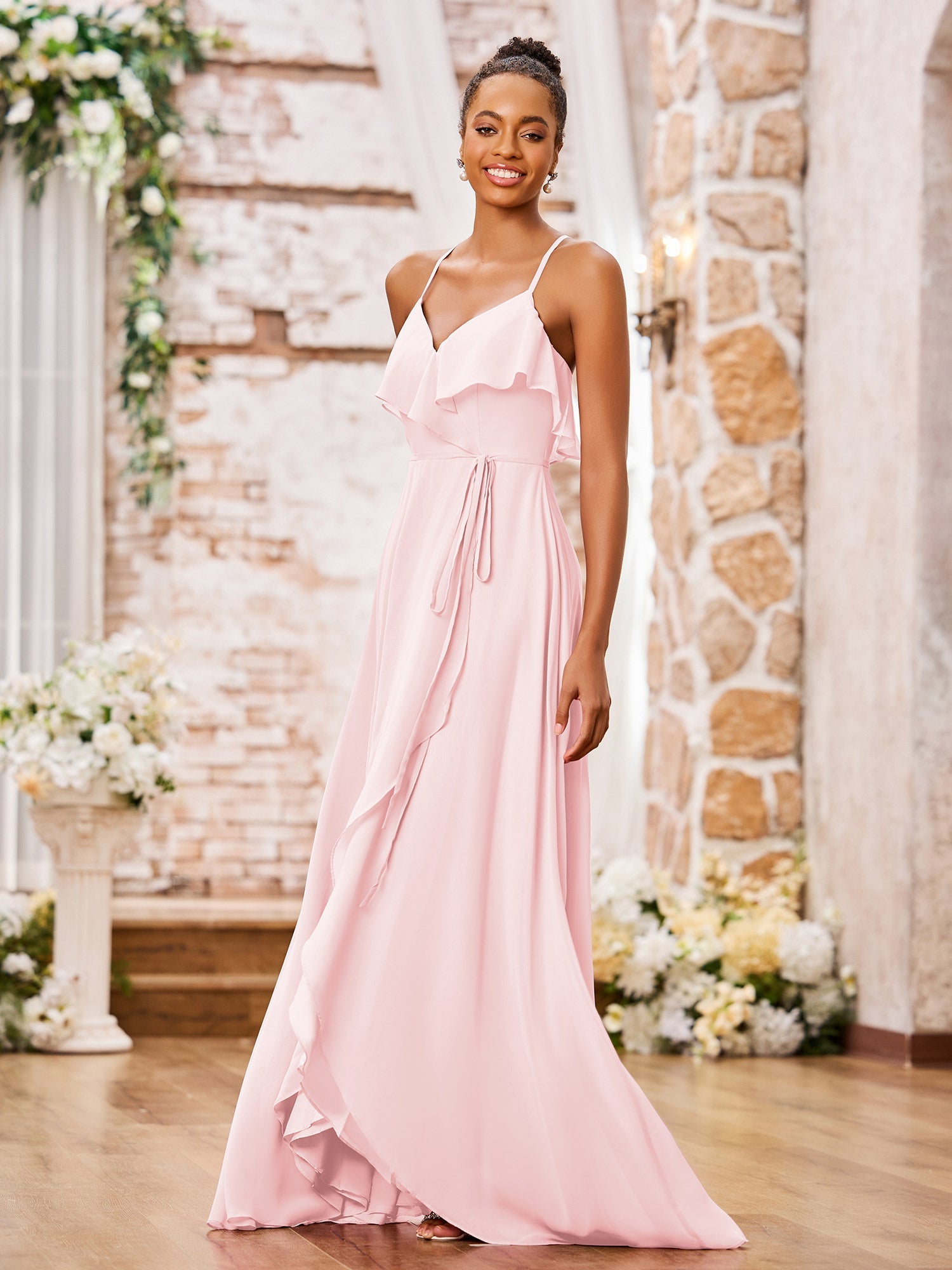 Halter Chiffon Short Dresses With Pocket Blushing Pink Plus Size main image 0