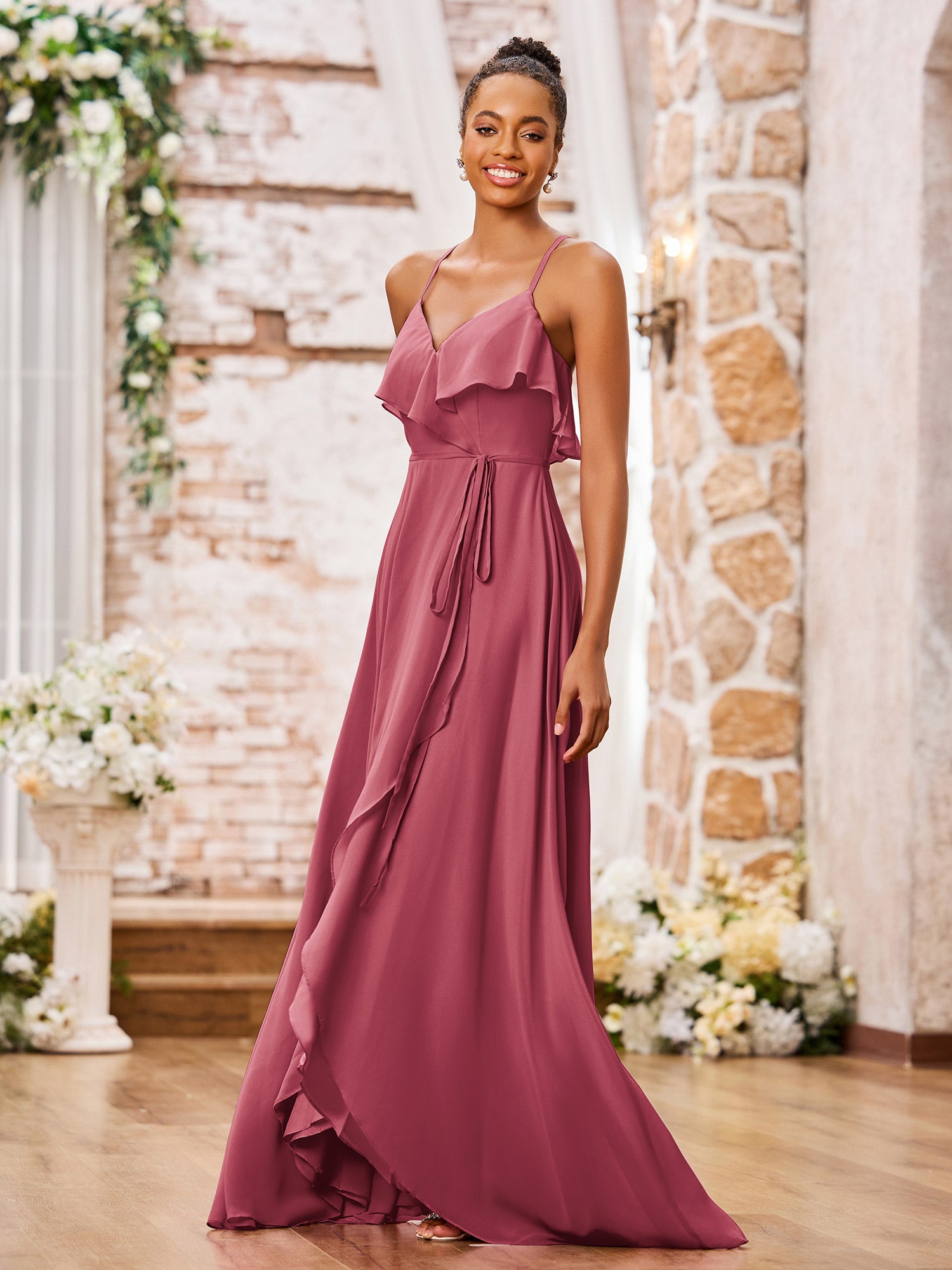 Elegant Short Front Long Back Chiffon Dresses Blushing Pink