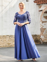 Elegant V-Neck Lace Top A-line Satin Dress Navy Blue