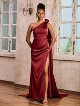 One Shoulder Ruched Satin Long Dress With Ribbons Burgundy