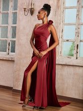 One Shoulder Ruched Satin Long Dress With Ribbons Burgundy