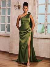 One Shoulder Ruched Satin Long Dress With Ribbons Olive Green