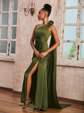 One Shoulder Ruched Satin Long Dress With Ribbons Olive Green