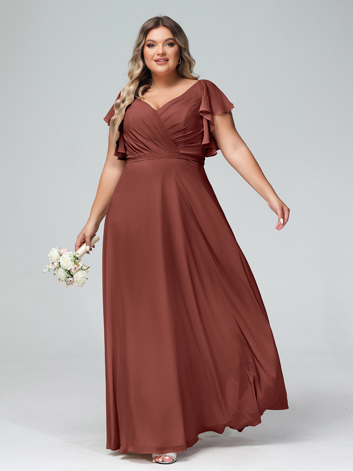 BABARONI Chiffon Terracotta Bridesmaid Dresses A-line V-neck Floor-length  Cap Sleeve – BABARONI UK