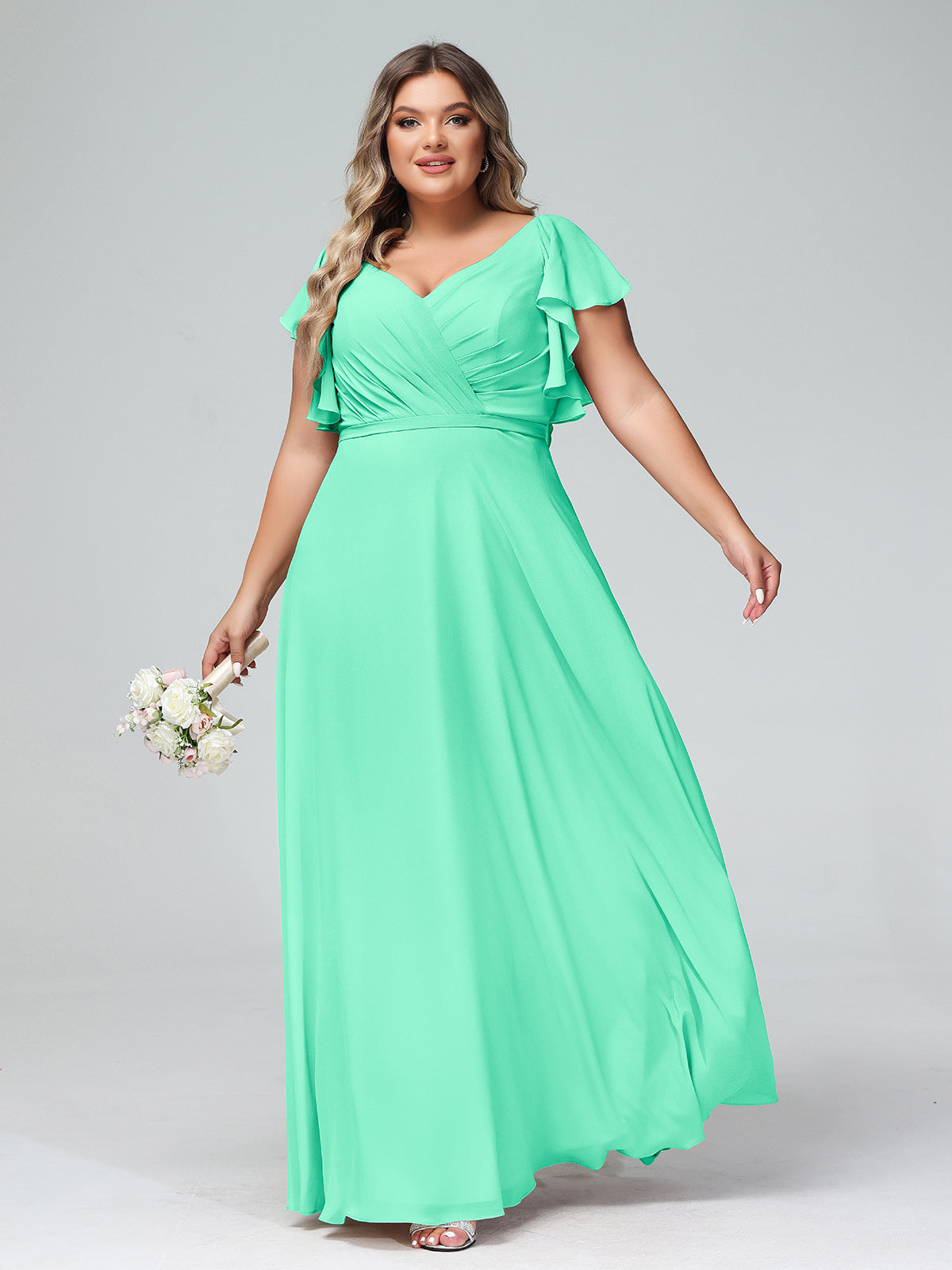 V Neckline Dress with Flutter Sleeves Turquoise Plus Size