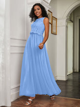 A-Line Jewel Neckline Tulle Dress Blue