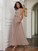 A-Line Jewel Neckline Tulle Dress Taupe