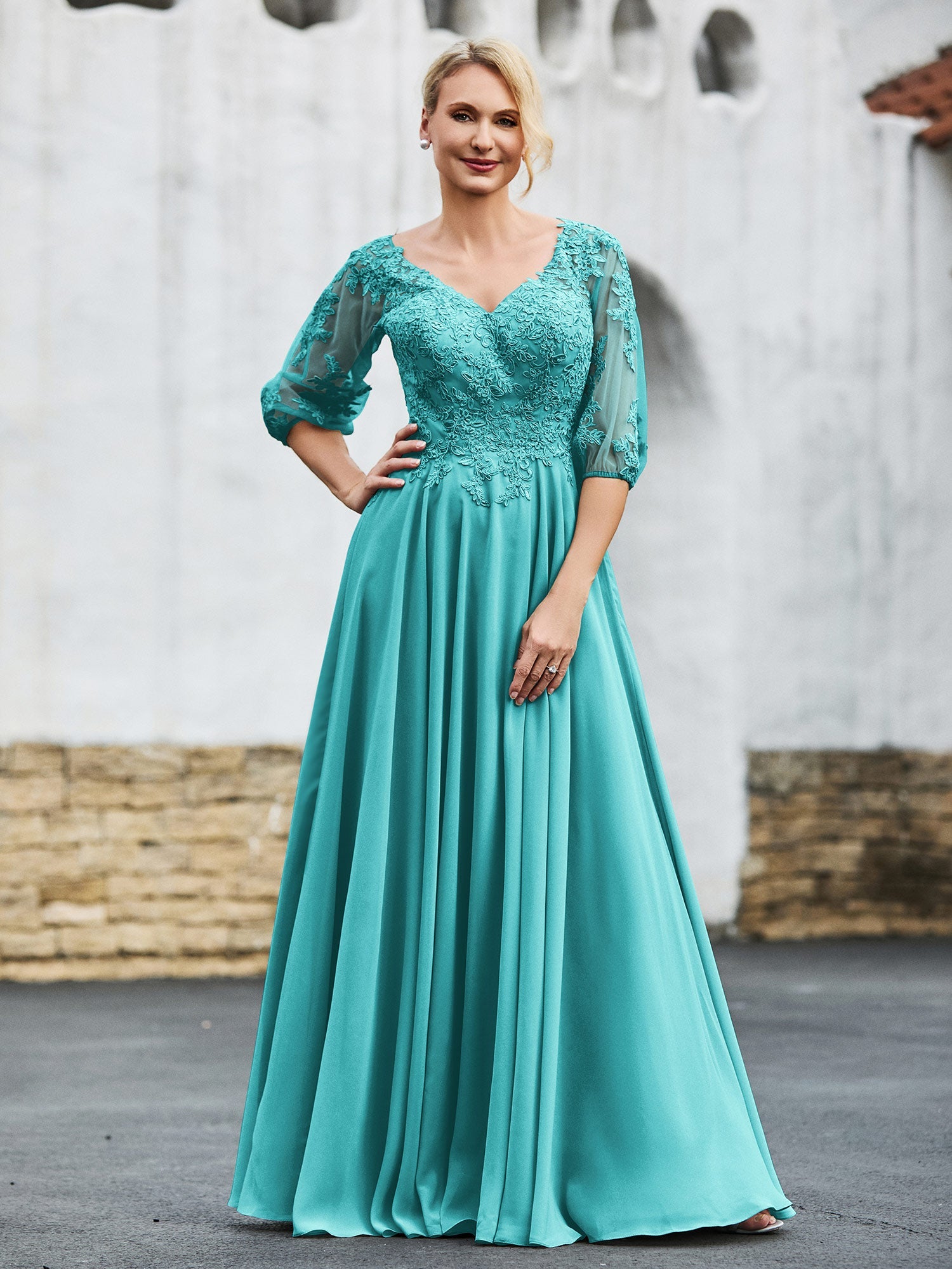 BABARONI Chiffon Jade Mother of the Bride Dresses A-line V-neck Floor-length Half Sleeve BABARONI UK BABARONI Chiffon Jade Mother of the Bride Dresses A-line V-neck Floor-length Half Sleeve BABARONI UK