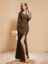 Long Sleeves Mermaid Chiffon Gown with Slit Brown