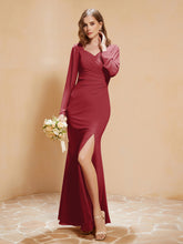 Long Sleeves Mermaid Chiffon Gown with Slit Burgundy