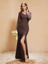 Long Sleeves Mermaid Chiffon Gown with Slit Chocolate