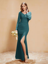 Long Sleeves Mermaid Chiffon Gown with Slit Peacock