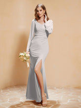 Long Sleeves Mermaid Chiffon Gown with Slit Silver