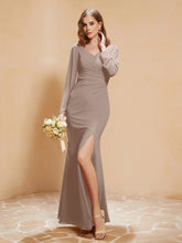 Long Sleeves Mermaid Chiffon Gown with Slit Taupe