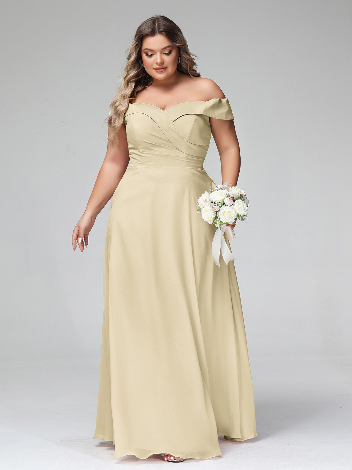 Off Shoulder Circle Skirt Dress with Pockets Champagne Plus Size BABARONI BABARONI UK